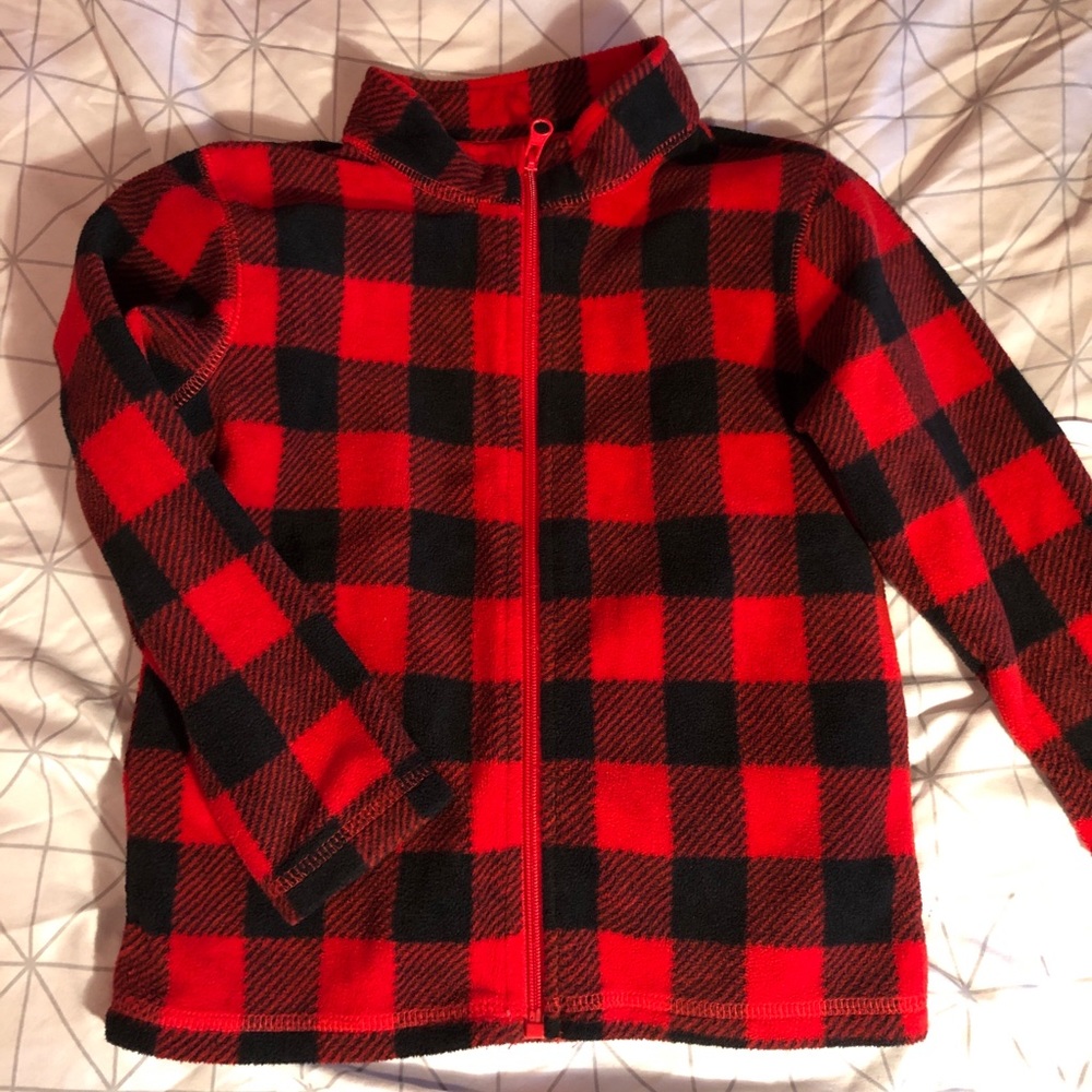 Boys Red and Black Plaid Fleece Zip Up